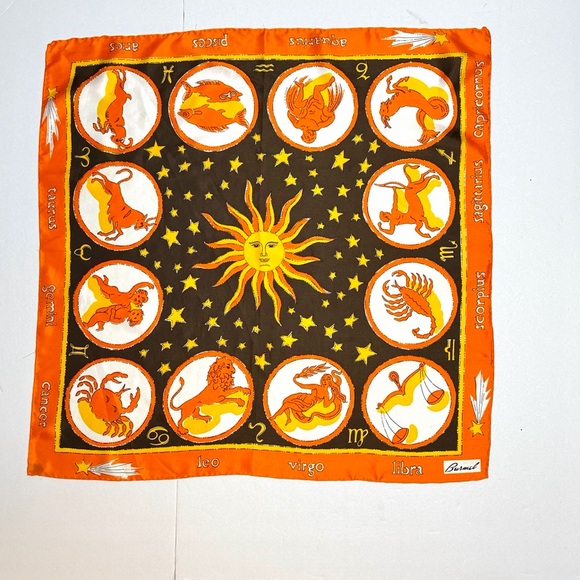 Burmel Silk Blend Scarf Vintage Zodiac Astrology Orange Brown Yellow 26x26" - Picture 2 of 10